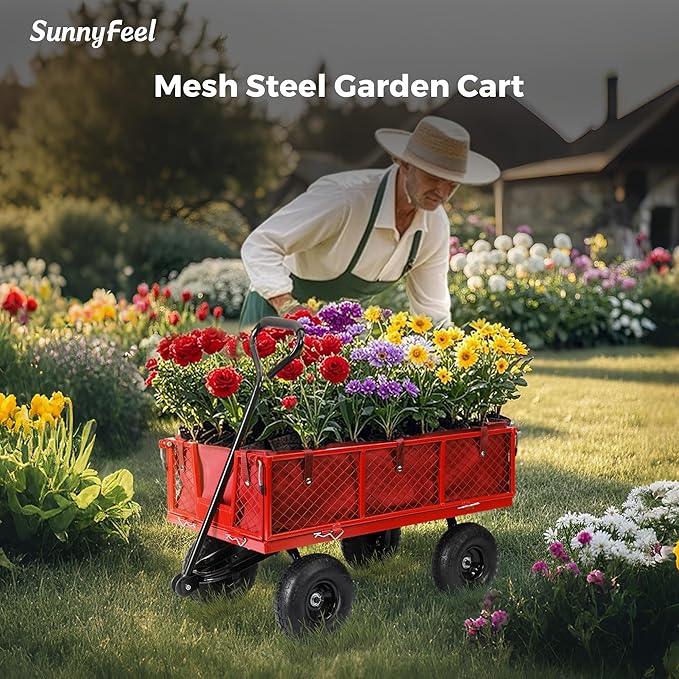 SUNNYFEEL 900 Lbs Capacity Heavy Duty Mesh Steel Garden Cart,Folding Utility Wagon with Removable Side Nets, Non-Slip Rubber Base, Red,Upgraded Version