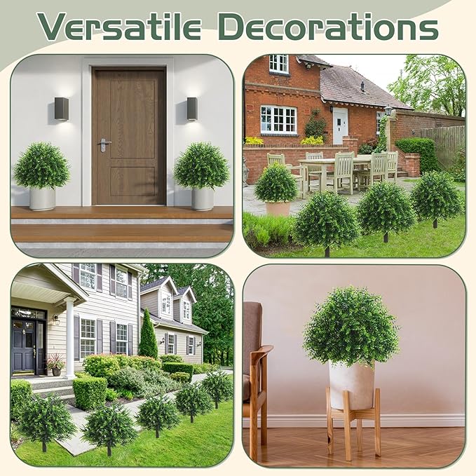 Yunlly 2 Pcs 18 Inch Artificial Boxwood Ball Topiary Tree Fake Outdoor Plants Bush, UV Resistance Faux Shrubs with Spike Realistic Greenery Potted for Indoor Garden Yard Porch Patio Decor (Green)
