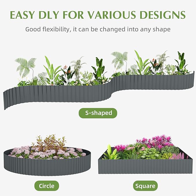 Metal Garden Edging Border, Corrugated Steel Landscaping, DIY for Lawn (Black, 8 Inch x 10FT)