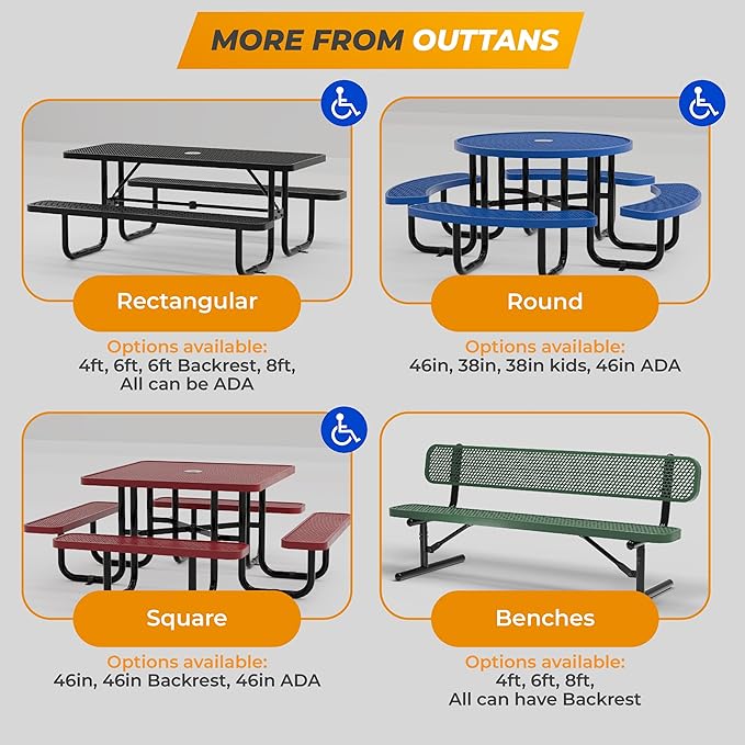 Metal Picnic Tables for Kids for Outdoors with Umbrella Hole - Coated Steel Heavy Duty Commercial Grade Table with Adjustable Seats (Brown, 38 in, Kids, Expanded Steel)