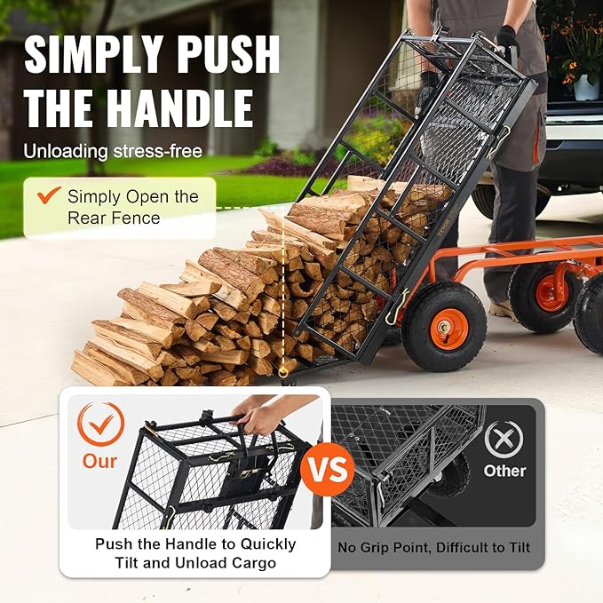 VEVOR 400lbs Steel Garden Dump Cart, Heavy Duty Garden Wagon Yard Dump Wagon with Removable Sides, Convert to Flatbed, Utility Liner, 10in All Terrain Wheels