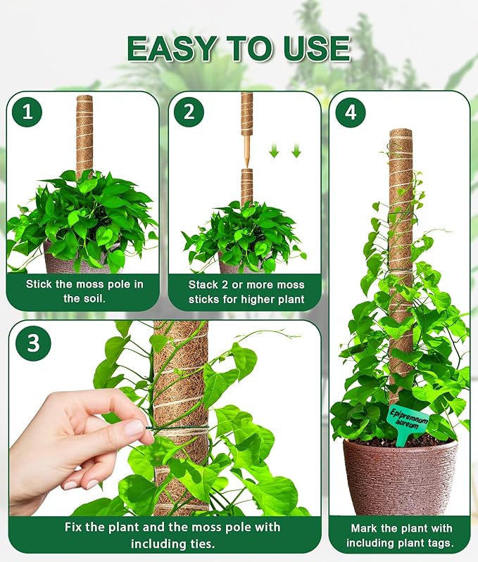 EAONE Moss Pole 96 Inch, 6 Pack 16" Monstera Plant Support for Climbing Potted Live Plants Indoor, Stackable Coco Coir Moss Sticks Monstera Stakes for Pothos Philodendron, with Garden Labels & Ties