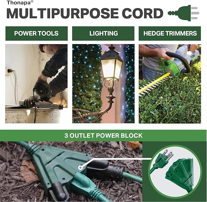 Thonapa Weatherproof Green Extension Cord 25 ft 3 Outlets, 16/3 SJTW Outdoor - Image 6