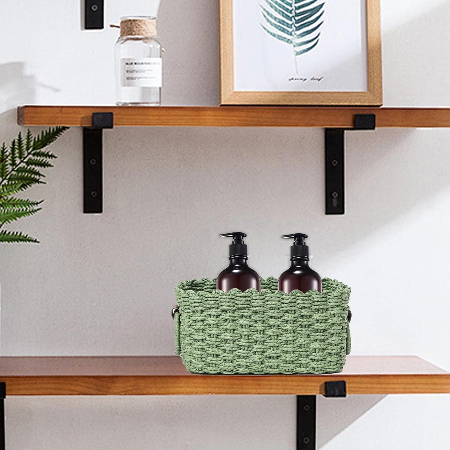 Small baskets for Organizing,Cute woven Storage basket with recycled paper rope for Shelves Bathroom,Little decorative basket,Set of 3 (Dark Green)