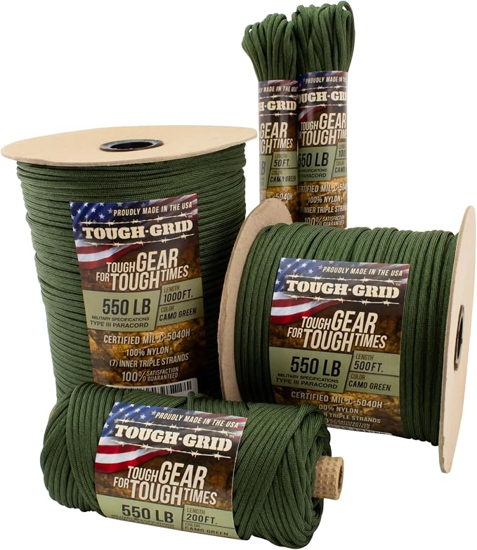 TOUGH-GRID 550 Paracord, Type III Mil-Spec Nylon Rope - 1000 Ft Camo Green by TOUGH-GRID