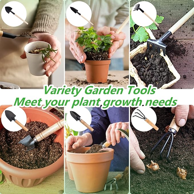 Small Garden Tool Set, 6 Pieces Iron Gardening Kit Including Hand Shovel, Transplant Shovel and Hand Rake with Wood Non-Slip Handle Perfect for Plant Lovers