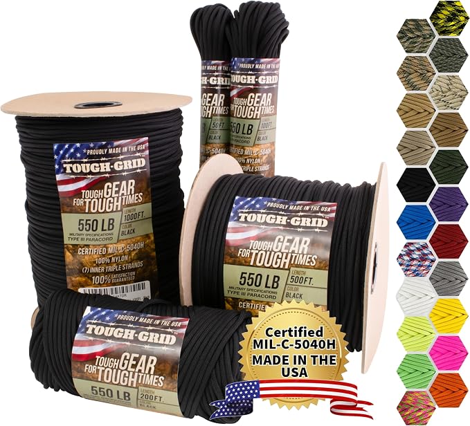 TOUGH-GRID 550 Paracord, Type III Mil-Spec Nylon Rope - 1000 Ft Black Tactical by TOUGH-GRID