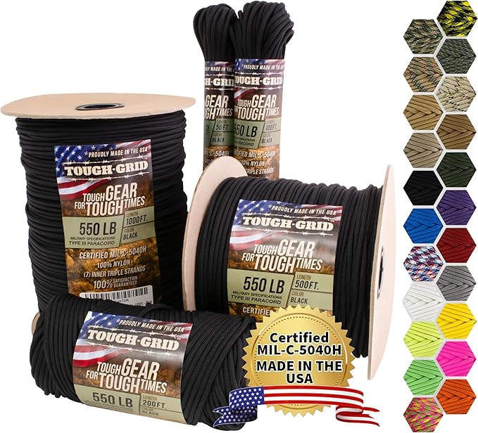 TOUGH-GRID 550 Paracord, Type III Mil-Spec Nylon Rope - 500 Ft Black Tactical by TOUGH-GRID