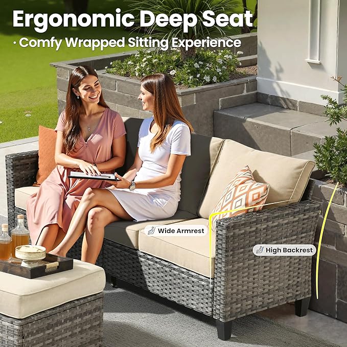 ovios 6 Pieces Patio Furniture Set with 42" Fire Pit Table, Outdoor Wicker Sofa with Comfy Cushions, All Weather High Back Rattan Couch Conversation Set, Beige