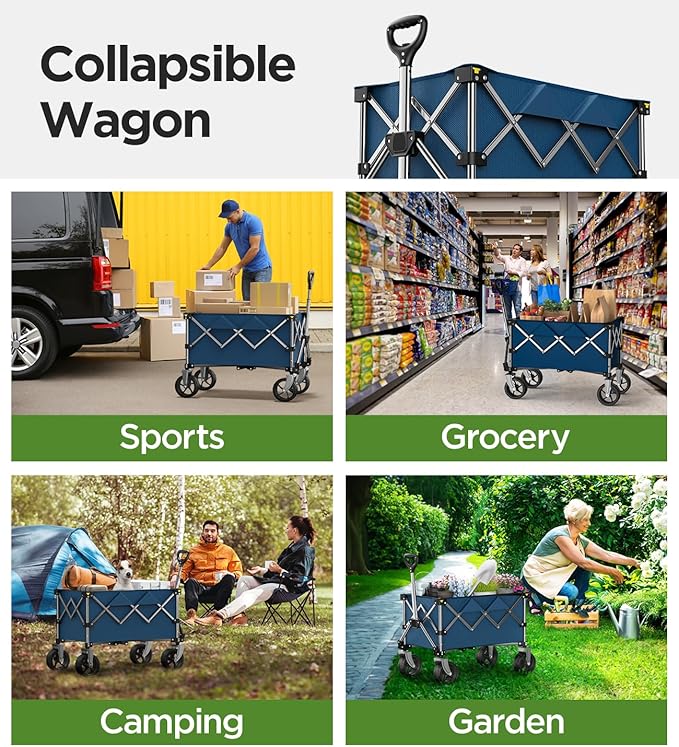 Beach Wagon,Collapsible-Wagon 220lbs with Big Wheels FoldableWagon Carts,Portable Utility for Garden Grocery Sports Camping All Terrain-Blue
