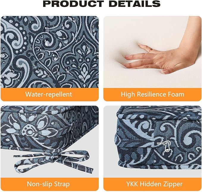 Square Corner Seat Cushions, 18.5" x 16" x 3", Set of 4, Indoor Outdoor Water Repellent Universal Chair Pads with Ties for Patio Furniture, Garden Deck Dining Chairs, Damask Blue Flower