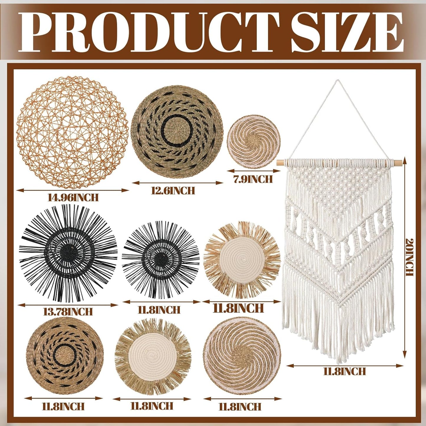 Tatuo 11 Pcs Boho Wall Basket Decor Decorative Bulrush Woven Basket Wall Decor Art Round Farmhouse Hanging Baskets for Kitchen Rustic Home Summer Decorations, Multi Sizes(Flower)