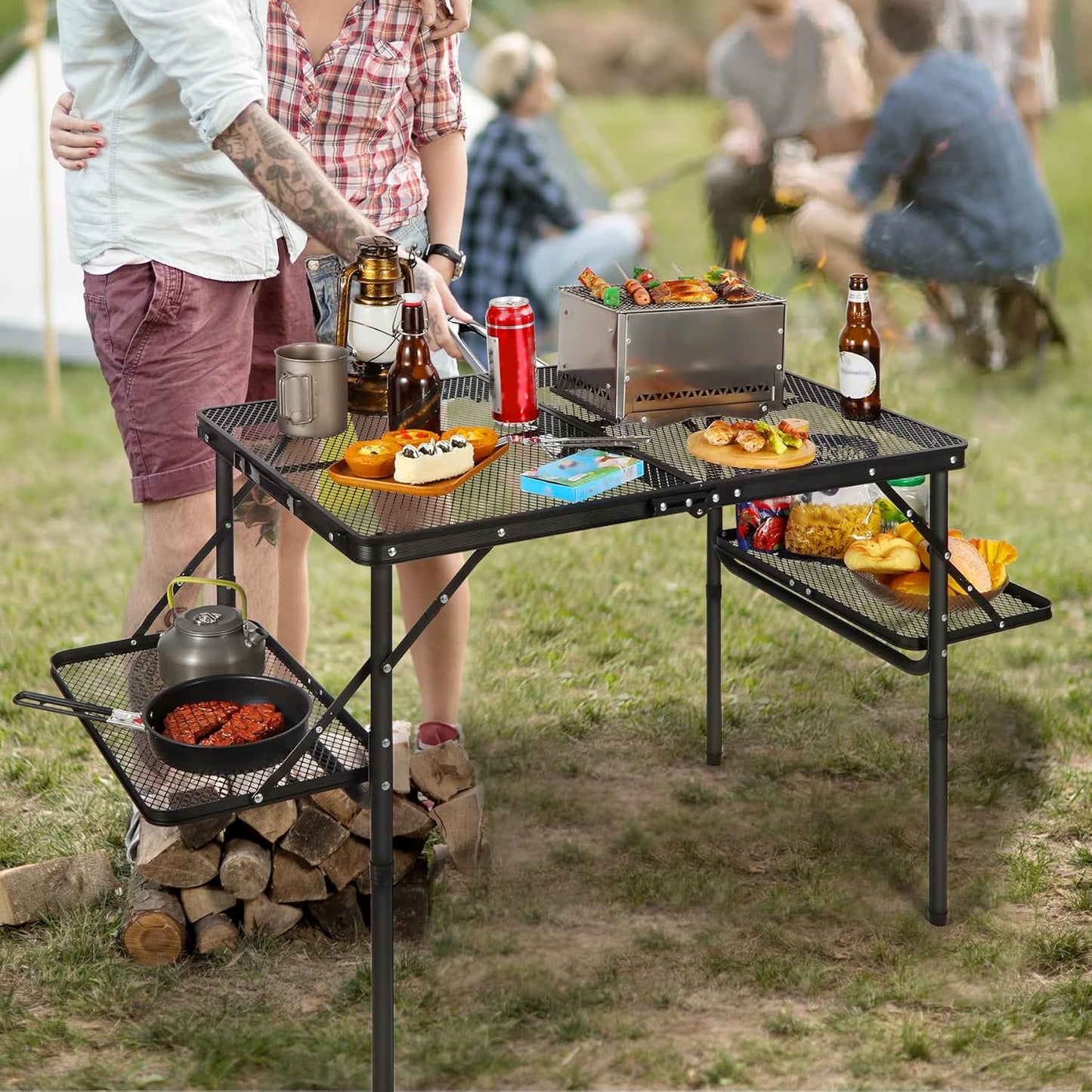 RedSwing Folding Grill Table with Extension Space, Adjustable Height Portable Large Stand Camp Table for Outdoor Indoor Camping Picnic BBQ, Black with Side Panels
