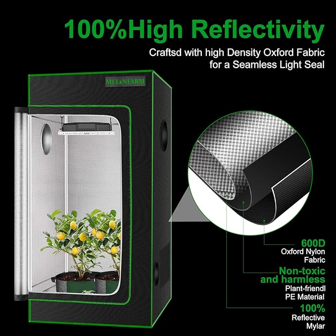 MELONFARM 24"x24"x32'' Grow Tent, High Reflective 600D Diamond Mylar Canvas with Observation Window and Floor Tray for Hydroponic Indoor Plant Growing