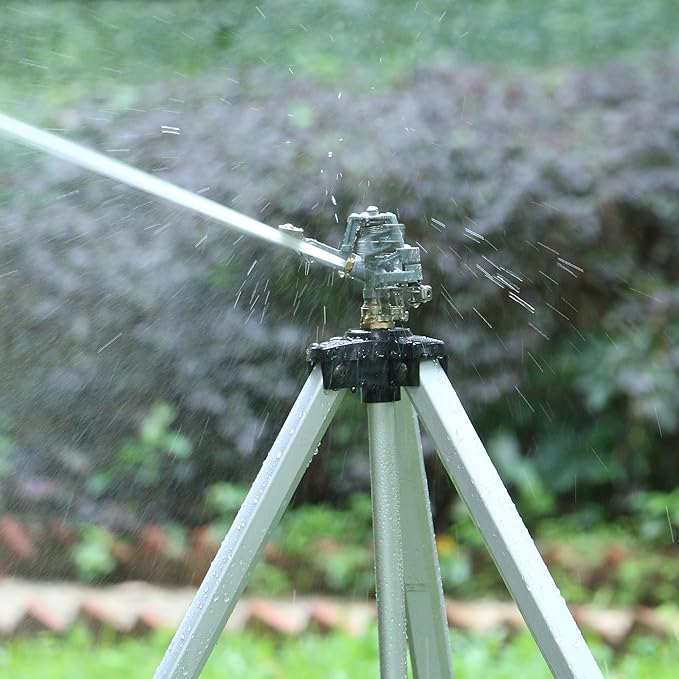 STYDDI Heavy Duty Impact Sprinkler on Tripod Base, Extra Tall Metal Pulsating Telescoping Tripod Sprinkler for Large Area, Yard, Lawn, Garden, Waters up to 90 Ft. Diameter, Legs Extends Up to 50-inch