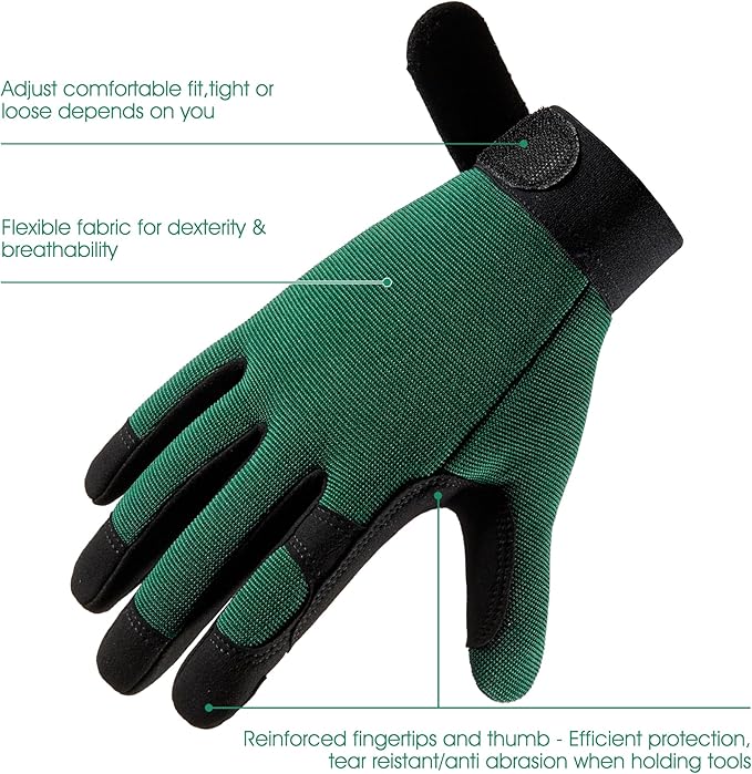 COOLJOB Thorn Proof Garden Gloves with Touchscreen Fingers for Men, Rose Pruning Work Gloves with Palm Cushion for Gardener, Farmer and Landscaper (Green 1 Pair Medium)