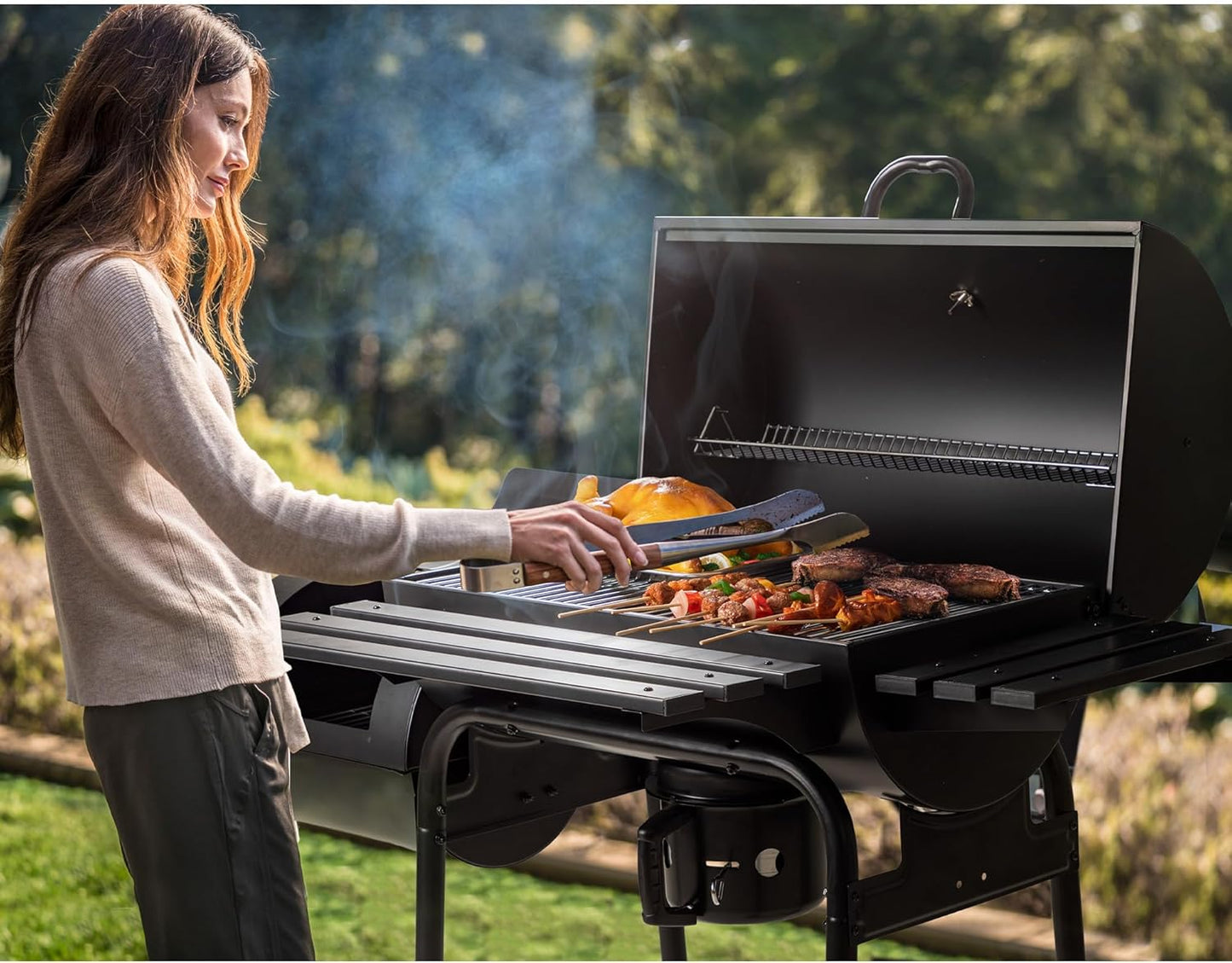 Flamaker Grill Outdoor Charcoal Grills with Side Oven & Thermometer Offset Smoker with Ash Catcher & Cover for Camping Picnics, BBQ, Hiking