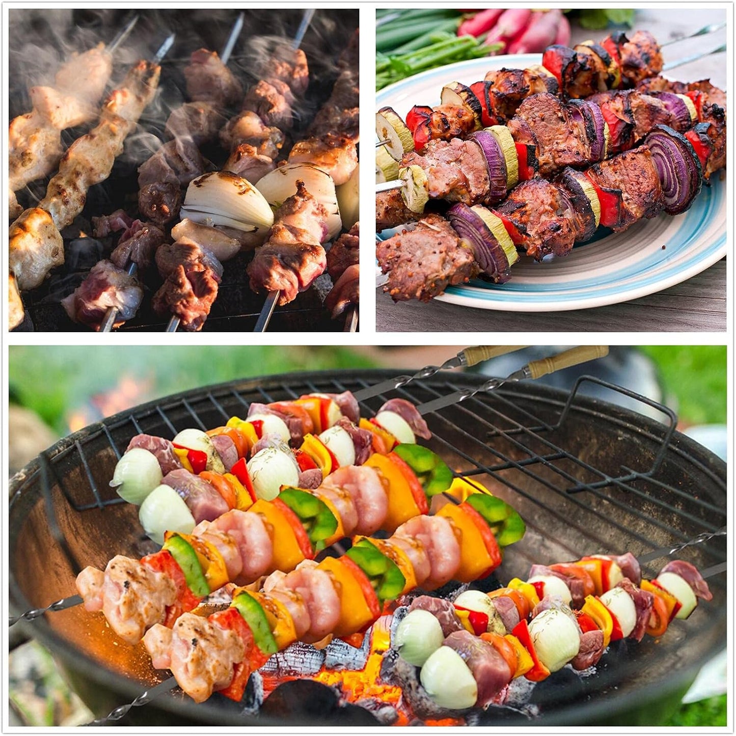Large Size Kabob Skewers Flat Metal BBQ 22" Barbecue Skewer Wooden Handle Stainless Steel Shish Kabob Stick Wide Reusable Grilling Set Meat Shrimp Chicken Vegetable Kebab Fork Sausage-12PCS