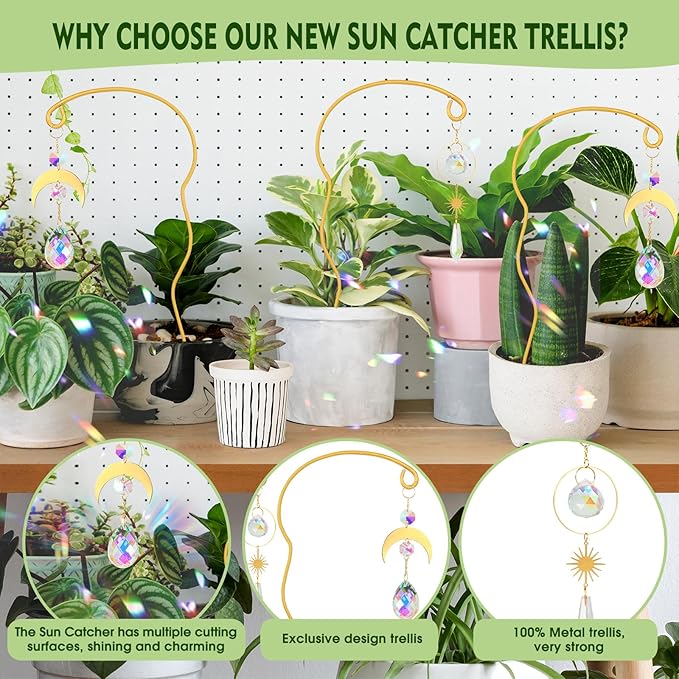 Plant Trellis for Potted Plants with Colorful Crystal Sun Catcher, 17.5 Inch Metal Plant Stakes for Indoor,Plant Accessories Indoor for Home Garden,Plant Lover Gift (Gold)