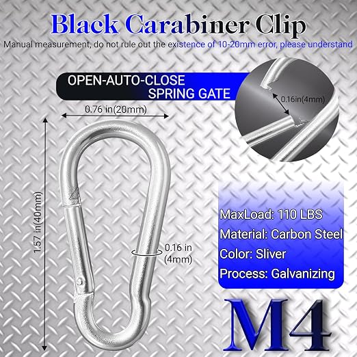100 Pack 1.57" Heavy Duty Carabiner Clips, M4 Sliver Galvanized Steel Spring - Image 2