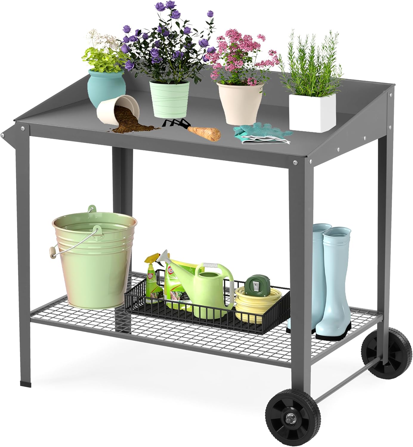 Outdoor Metal Potting Bench with Wheels, Heavy Duty Garden Workbench Table with Storage Shelf (Dark Gray, 36"x38.8")
