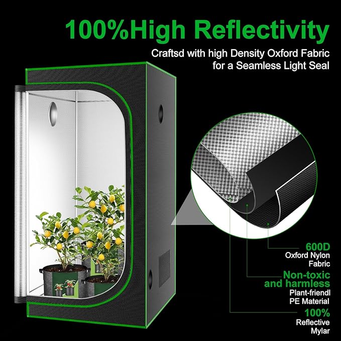 MELONFARM 32"x32"x63'' Grow Tent, High Reflective 600D Diamond Mylar Canvas with Observation Window and Floor Tray for Hydroponic Indoor Plant Growing