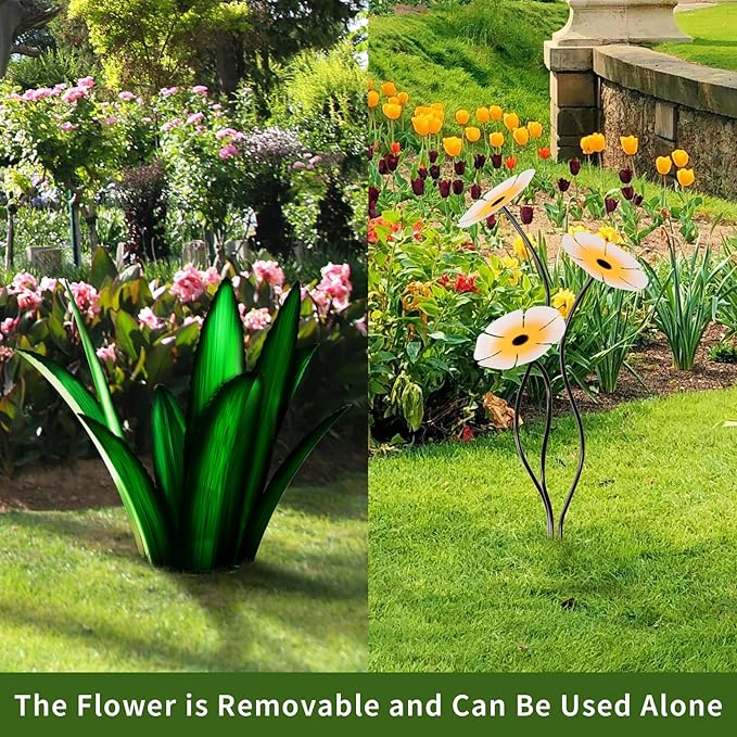 Upgraded Large Metal Yard Art, Agave Plant Yard Decorations, Outdoor Sculpture, Flowers for Outside, Waterproof Garden Decor (Green + Blue Flower)