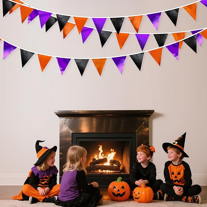 Black Orange Purple Halloween Party Decorations Metallic Fabric Triangle Pennant Banner Flag Bunting Garland for Birthday Baby Shower Bachelorette Trick or Treat Halloween Holiday Party Supplies