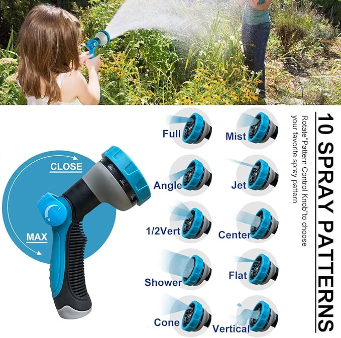 75Ft Non-Expandable Garden Hose, Flexible Water Hose with 10-Pattern Spray Nozzle, Lightweight Hose Pipe, Kink-Free, Leak-Proof, 3/4" Solid Metal Fittings