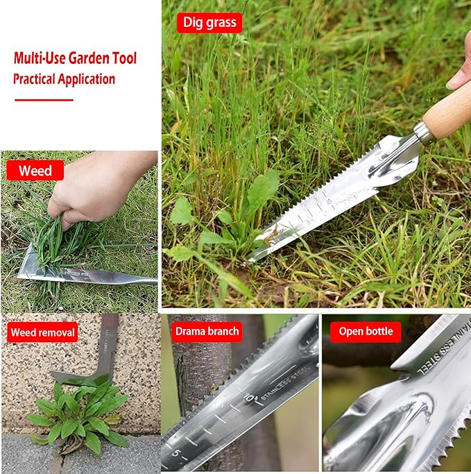 SOMOLUX Gardening Hand Weeder Tool Set, Multifunctional Garden Tools Stainless Steel with Wooden Handle for Garden Lawn Yard Planting Digging Measuring Pruning Cutting 2 Pack
