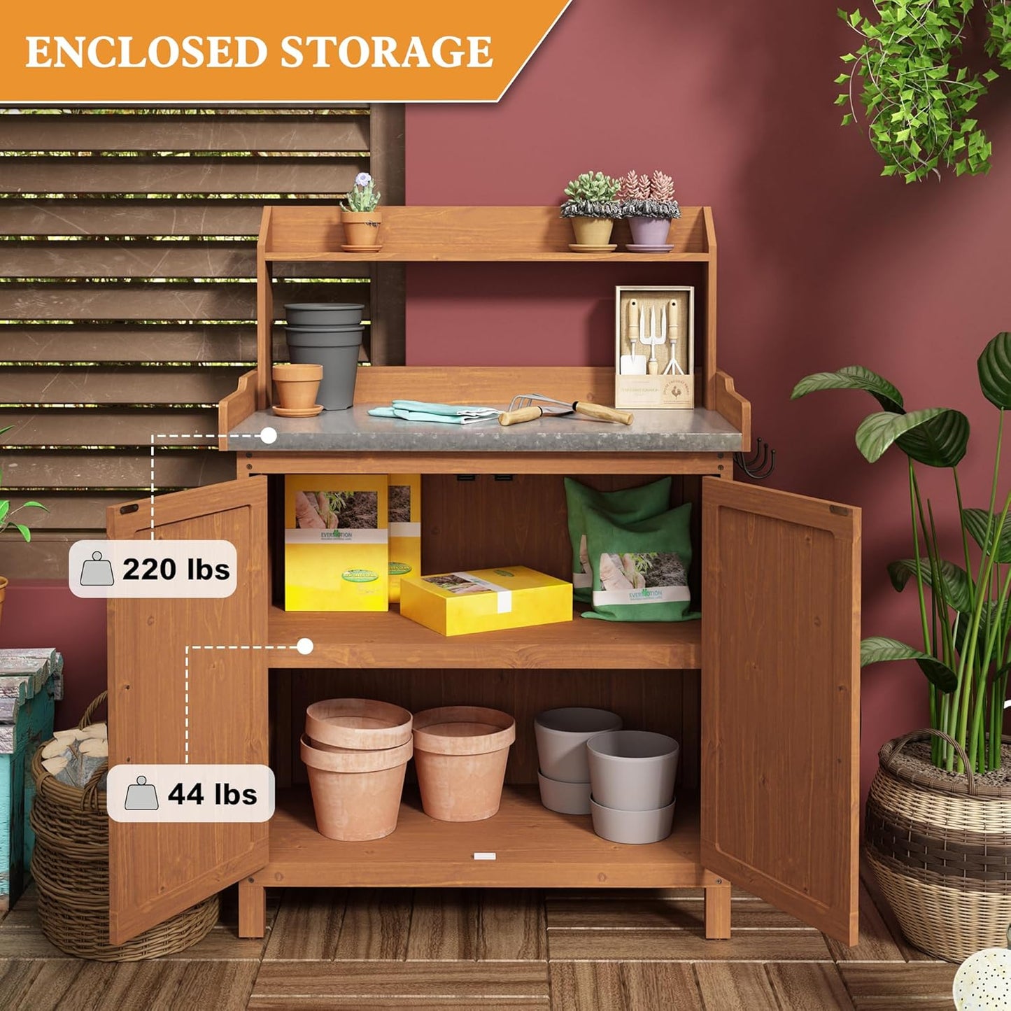 Outdoor Potting Bench with Storage, Wooden Garden Potting Table with Metal Tabletop and Removable Shelf, Potting Work Bench Station for Garden, Patio, Backyard