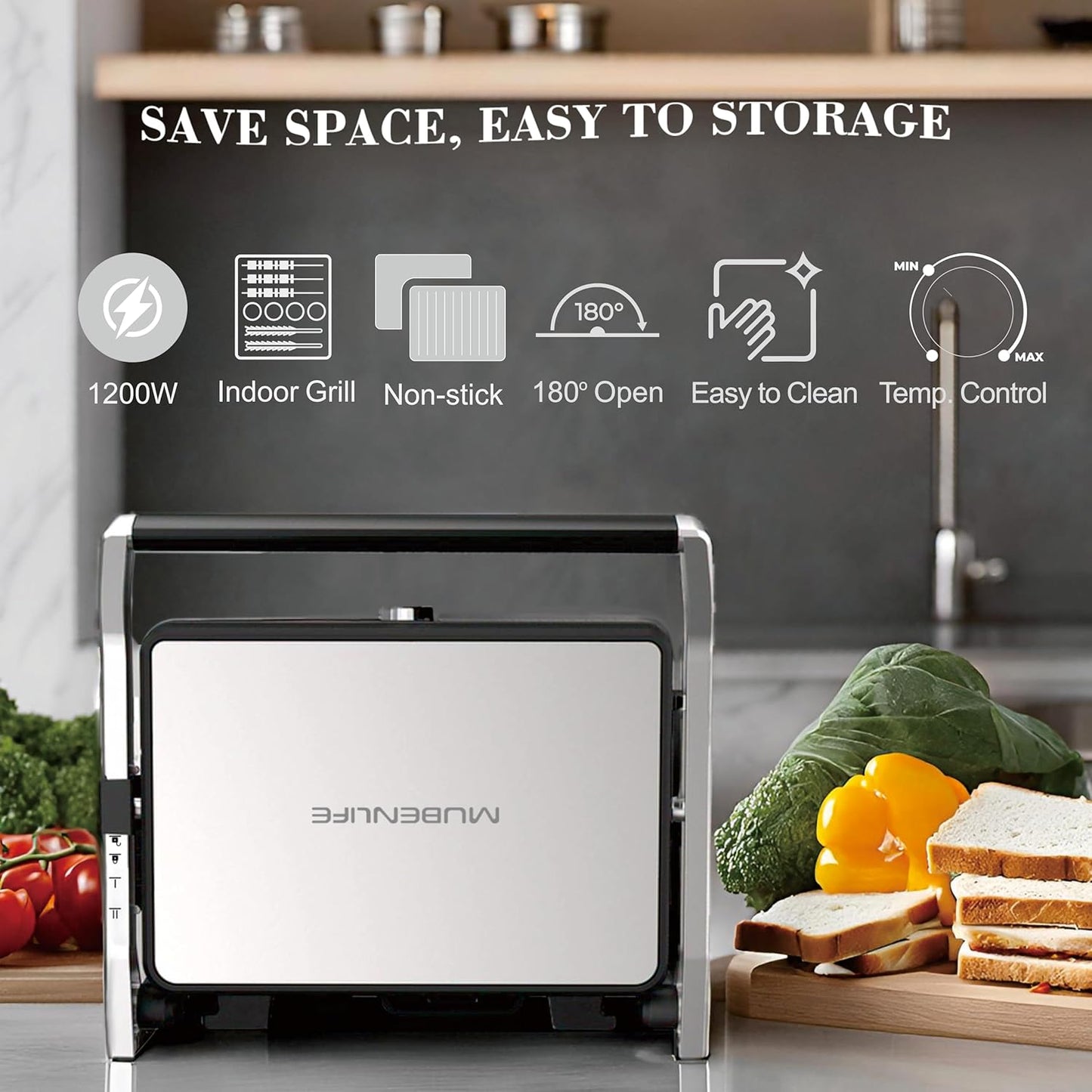 Panini Press, Electric Sandwich Press Grill, Open 180 Degrees, Electric Grill Indoor, Perfect for Grilling Sandwich, Steak, Burger, Adjustable Temperature Control, Non Stick Coating