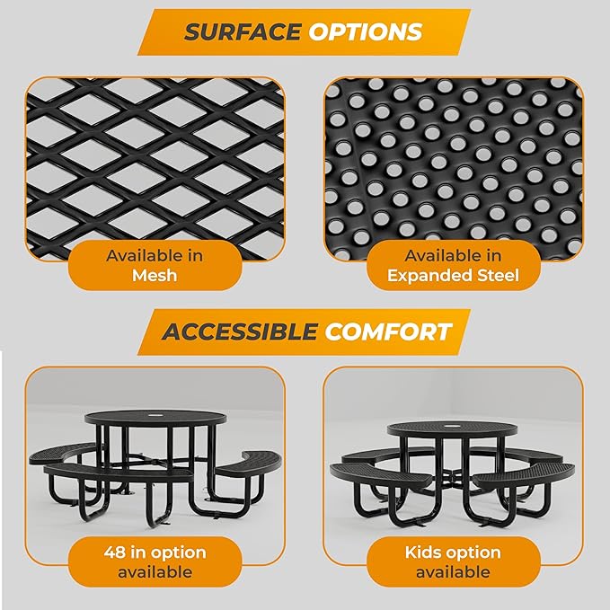 Metal Picnic Tables for Kids for Outdoors with Umbrella Hole - Coated Steel Heavy Duty Commercial Grade Table with Adjustable Seats (Brown, 38 in, Kids, Expanded Steel)