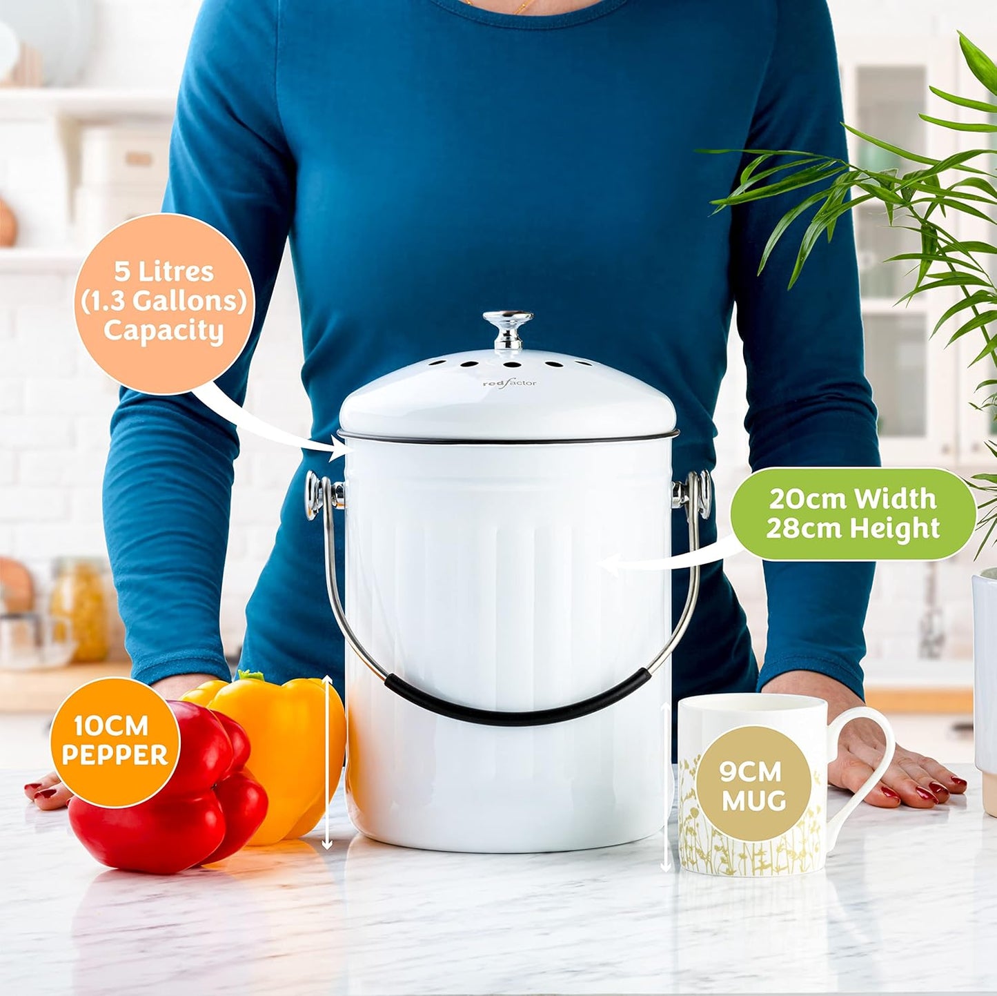 RED FACTOR Premium Compost Bin for Kitchen Countertop - Stainless Steel Food Waste Bucket with Innovative Dual Filter Technology - Includes Spare Filters (White, 1.3 Gallon)