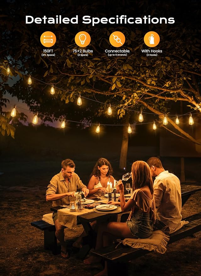 Brightown Outdoor String Lights, 150FT 75+2 LED ST38 LED Patio Lights - Image 2