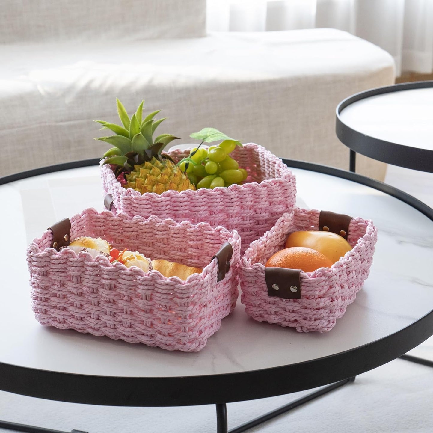 Small baskets for Organizing,Cute woven Storage basket with recycled paper rope for Shelves Bathroom,Little decorative basket,Set of 3 (Pink)