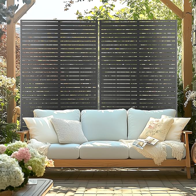 Metal Privacy Screen with Stand 72" H×47" W Outdoor Freestanding Privacy Screen & Panels, Outdoor Privacy Screen for Deck Patio Balcony(Black-Louvered)