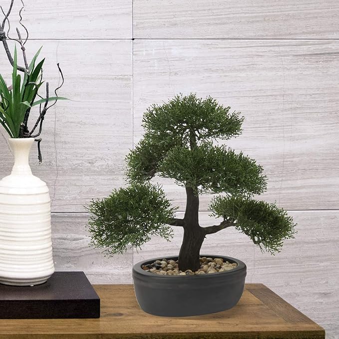 Artificial Bonsai Tree Juniper Faux Plants Indoor Small Fake Plants Decor with Black Plastic Pots for Home Table Office Desk Bathroom Shelf Bedroom Living Room Farmhouse Decorations