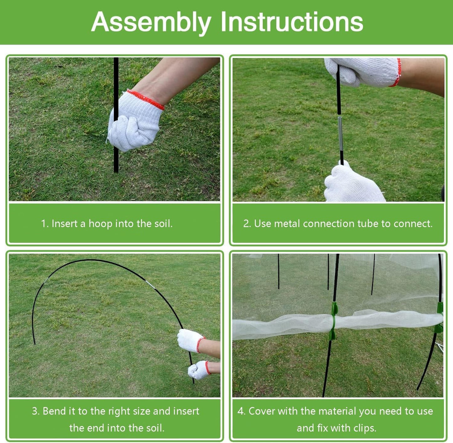 Garden Hoops Grow Tunnel, 12 Sets of 7FT Greenhouse Hoops for Raised Beds, Rust-Proof Fiberglass Frame for Garden Netting, Small Greenhouse Kit, DIY Plant Support Garden Stakes, 60 pcs