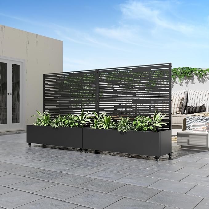 Casaphoria Metal Raised Garden Bed with Trellis and Wheels, 47"x47"x16" Planter Box for Climbing Plants, Vegetables & Vines, Features Drainage Holes and Privacy Screen (Black-Shine)
