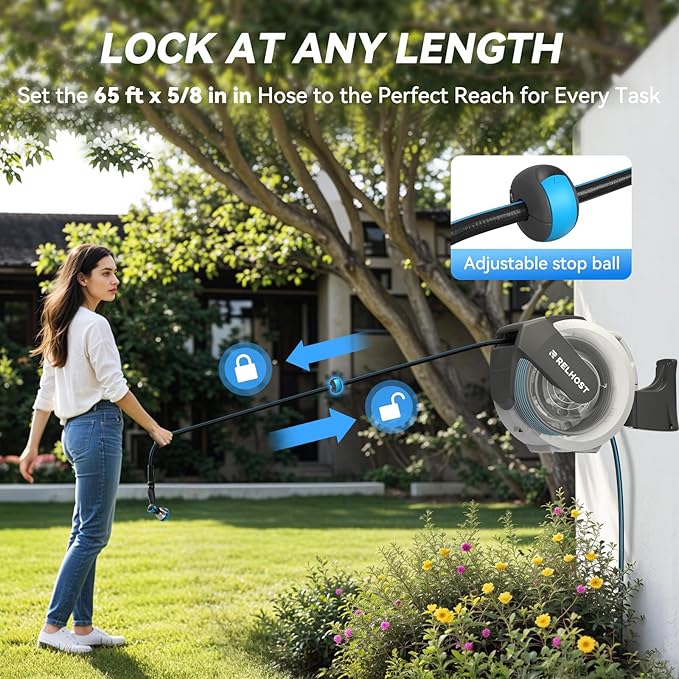 Retractable Garden Hose Reel 65 ft x 5/8 in, Heavy Duty Hose Reel Wall Mount with Any Length Lock, Auto Rewind System, 180° Swivel Bracket, 10-Pattern Garden Hose Nozzle, White & Grey
