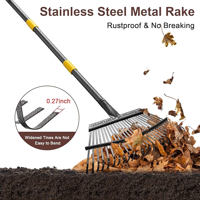 Metal Garden Rake, 5FT Rake for Leaves Lawns, 25 Metal Tines 18 inch Wide with Adjustable Handle Heavy Duty Yard Leaf Rakes for Gardening