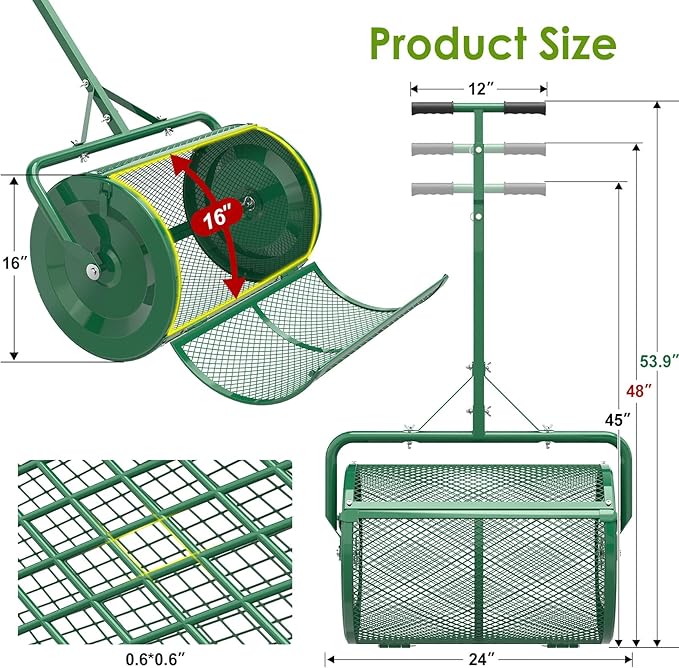 Seeutek Compost Spreader - 24" Peat Moss Spreader with 3 Heights, Top Soil Spreader W/Upgraded Side Latches Support Rod Powder Coated Metal Mesh Top Dressing Spreader for Lawn, 2 Way Uses-Push or Tow