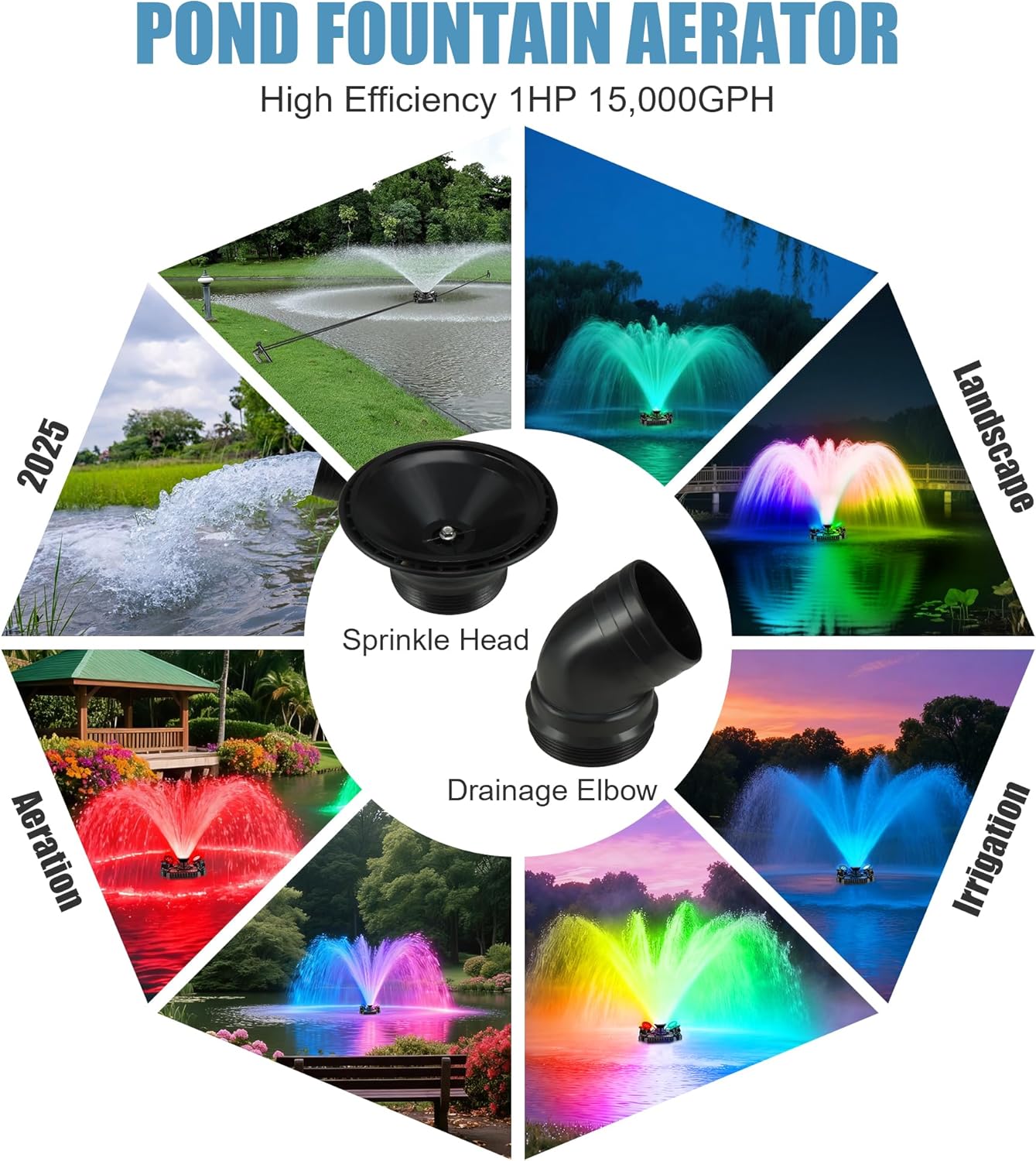 Goldlife Pond Fountain Aerator, F3 With 4 RGB Lights, 1HP 750W 110V Stainless Steel Floating Fountain With 100FT Power Cord, Octagon Aerating Fountain Pump for Small Large Pond Lake Pool Bay Fish farm