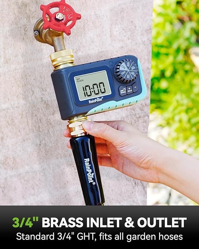 RAINPOINT Sprinkler Timer, 100% Metal Water Pipe Water Timer for Garden Hose, Programmable Hose Controller with Manual Watering/Rain Delay, Automatic Drip Irrigation System for Lawn, 1 Outlet