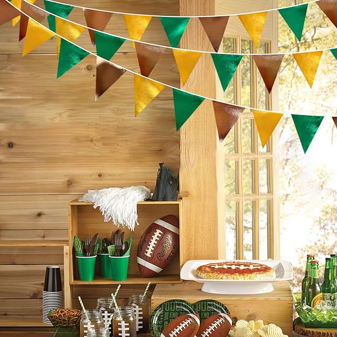 Green Gold Brown Metallic Fabric Triangle Pennant Banner Flag Bunting Garland for Football Jungle Safari Wild Woodland Birthday Baby Shower Wedding Bachelorette Graduations Party Decorations Supplies