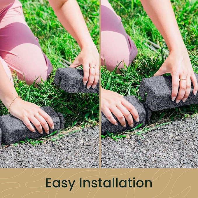 Beuta Landscape Edging | Garden Edging Border | Faux Stone Bricks for Lawn edging, Flower beds, Pathways & Yard Edging– 4 Packs | Each Section Has 6 Bricks 48"L x 4"W x 2.25"H | 12 Spikes |Charcoal