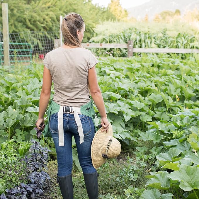 Roo Gardening Apron with Pockets & Harvesting, Picking Pouch - Adjustable, Water-resistant, Washable Canvas Cotton