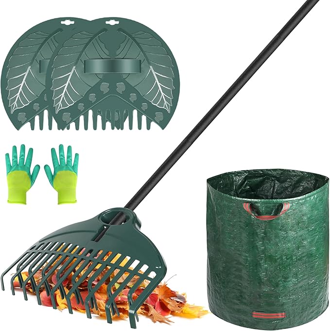 ORIENTOOLS 17Tines Double Row Garden Rake Set with 9Tines Leaf Hand Rakes, 272L Leaves Bin and Gardening Gloves for Scooping and Picking up Leaves, Clear and Collect Garden Rake Kit