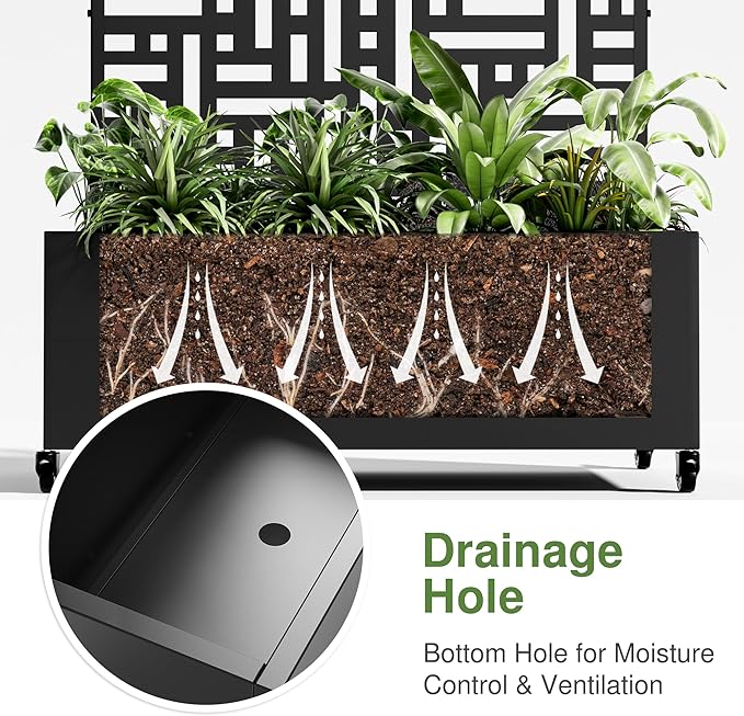 Casaphoria Metal Raised Garden Bed with Trellis and Wheels, 72"x47"x16" Planter Box for Climbing Plants, Vegetables & Vines, Features Drainage Holes and Privacy Screen (Black-Helen)